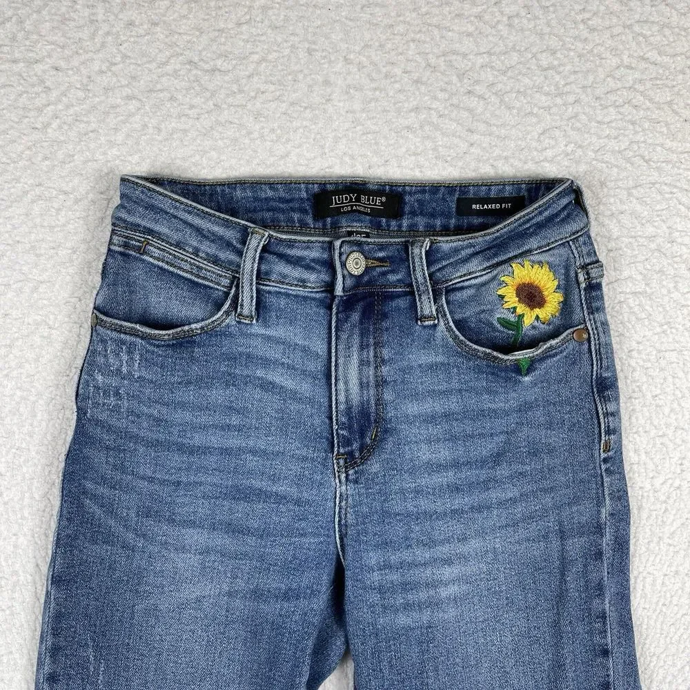 Judy Blue Jeans Womens 1/25 Blue‎ Denim Sunflower Embroidered Flower Hippie Boho